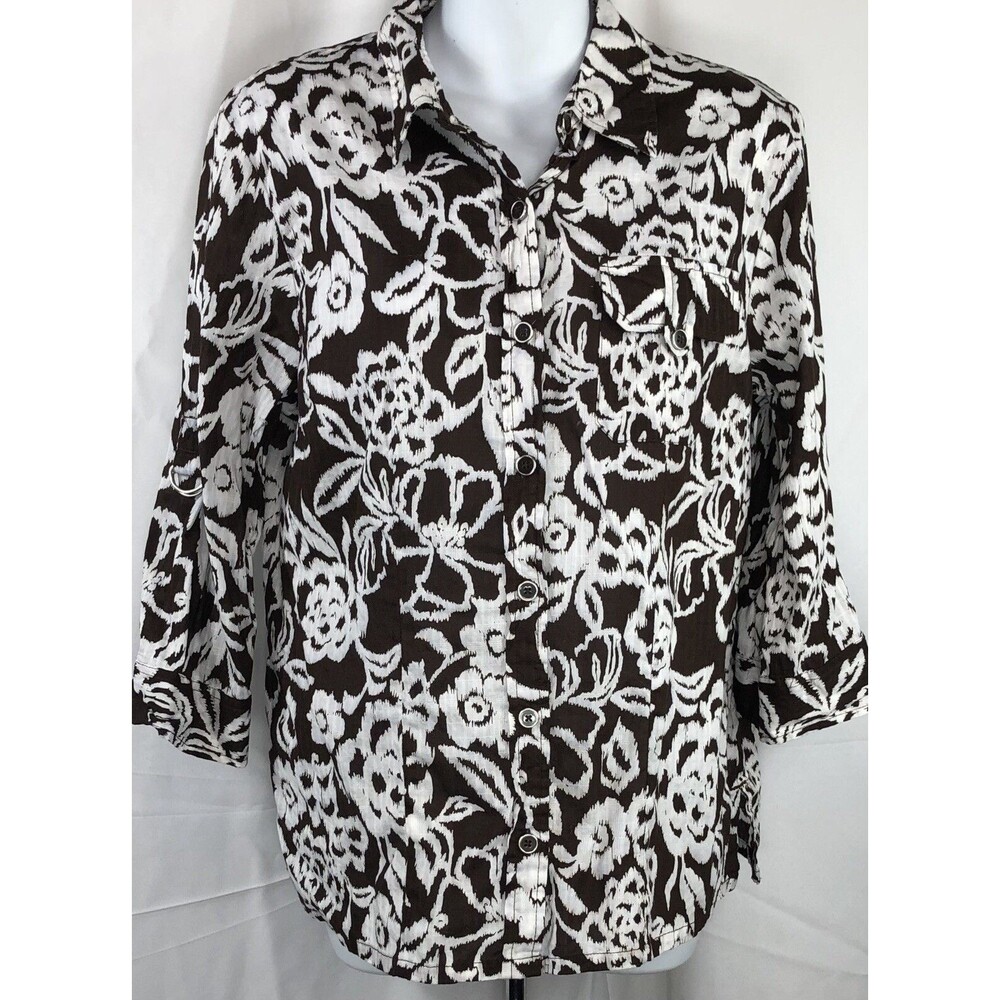 Karen Scott ButtonUp Top L Brown Floral 3/4 Roll Tab Sleeve Capsule Tropical